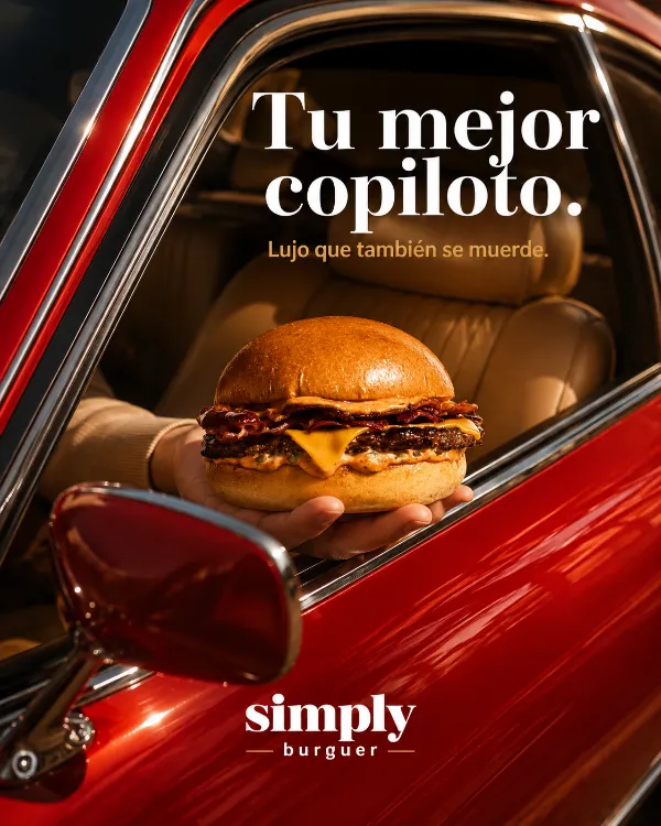 Anuncio de hamburguesa con auto clásico, hecho con el método
