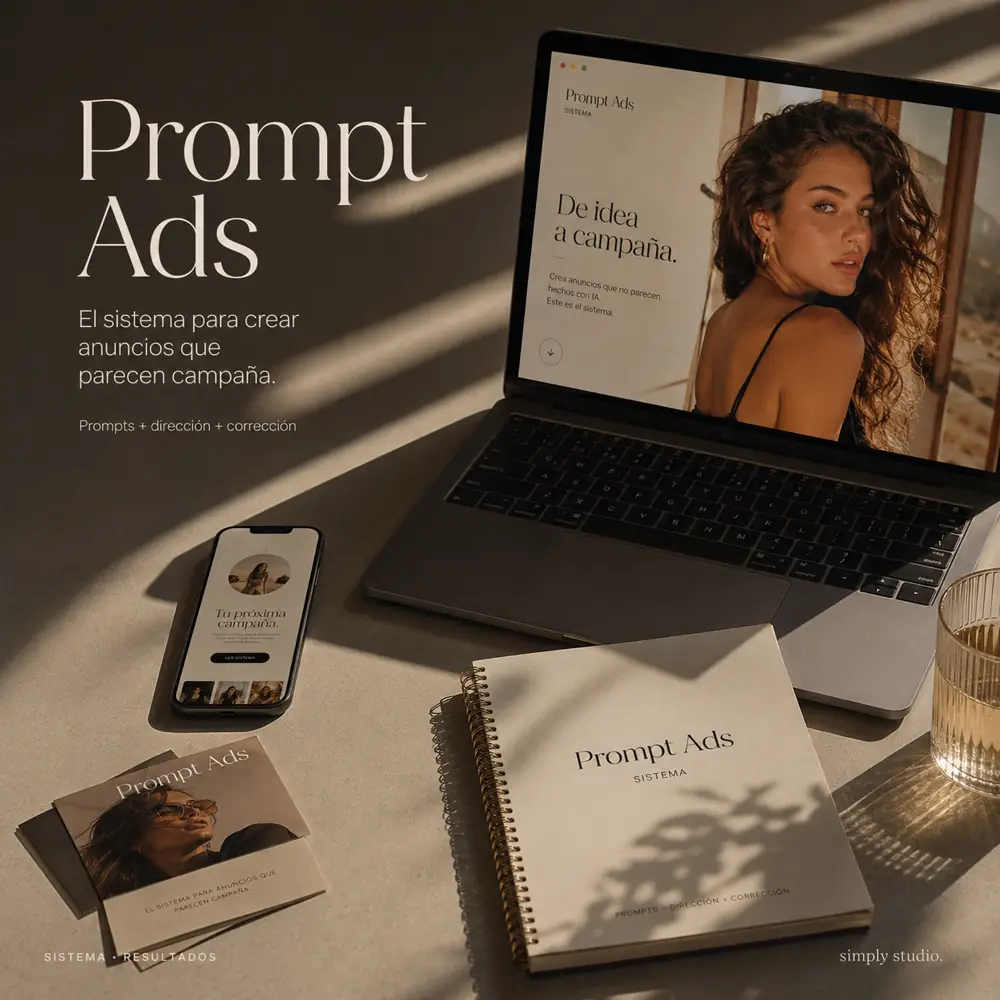 Mockup del sistema Prompt Ads en escritorio, notebook y celular