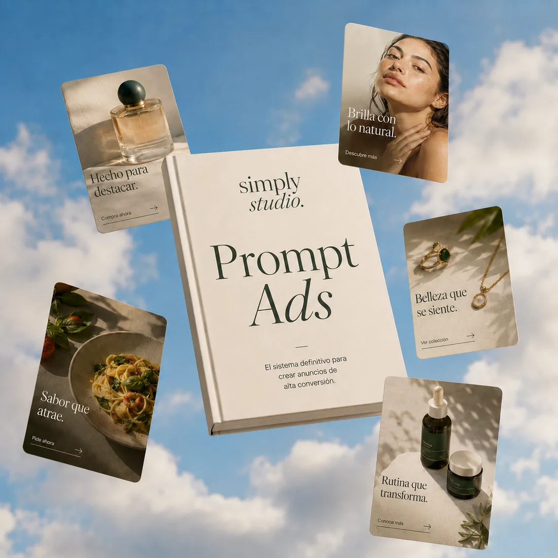 Prompt Ads — el método definitivo para crear anuncios de alta conversión, con ejemplos de anuncios premium alrededor