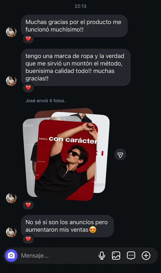 Mensaje de un cliente con los anuncios que creó con el método (3 de 10)
