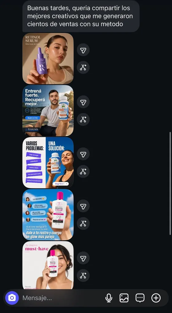 Mensaje de un cliente con los anuncios que creó con el método (5 de 10)