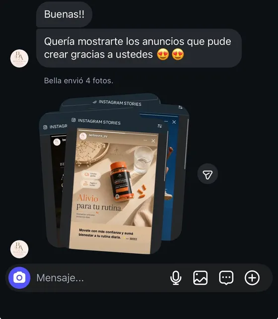 Mensaje de un cliente con los anuncios que creó con el método (7 de 10)